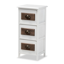 Baxton Studio Fanning Modern and Contemporary Two-Tone White and Walnut Brown Finished Wood 3-Drawer Storage Unit Affordable modern furniture in Chicago, classic living room furniture, modern storage unit, cheap storage unit